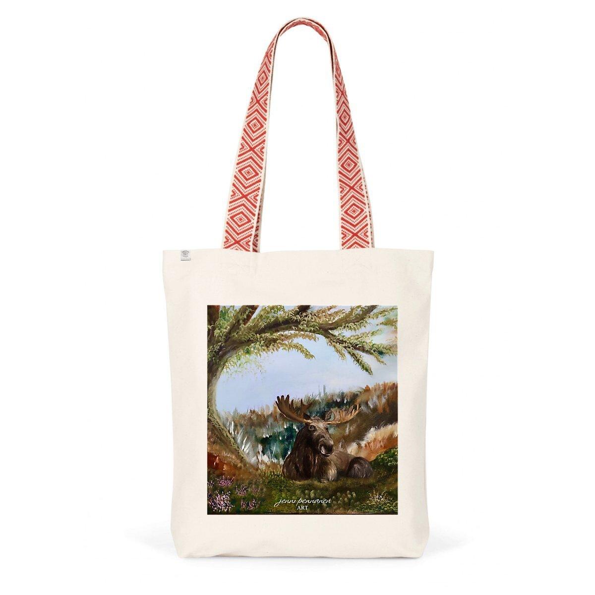 Premium Plus-Ekologinen puuvillakassi "Hirven päivät" -taidepainatuksella - Jenni Pennanen Art