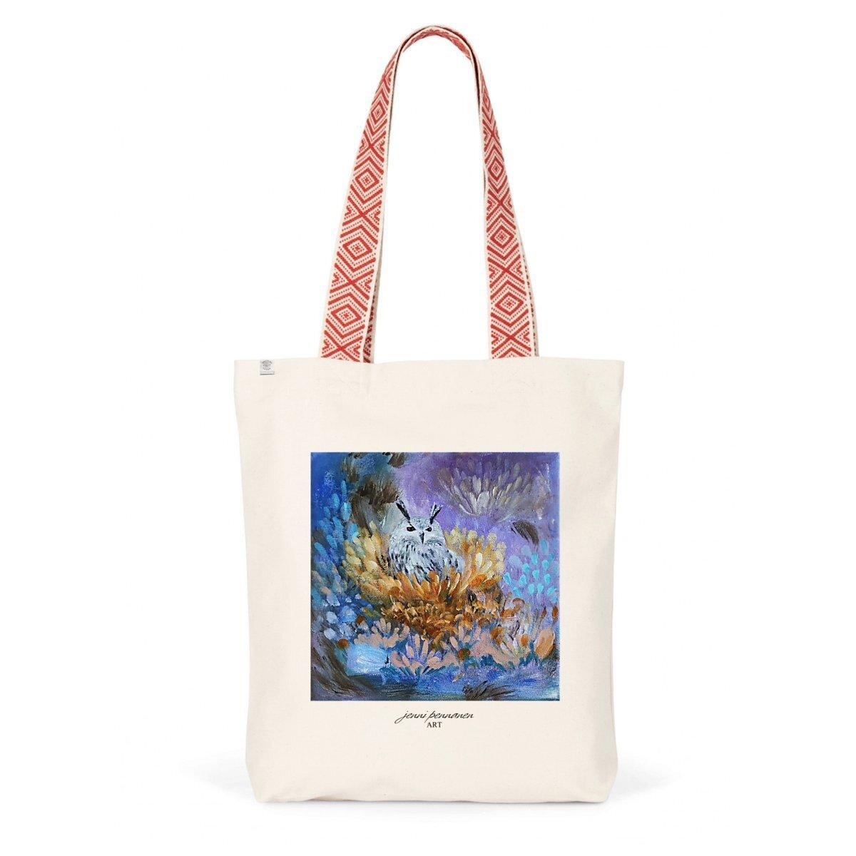 Painotuote-Ekologinen puuvillakassi Pöllö-taidepainatuksella - Jenni Pennanen Art