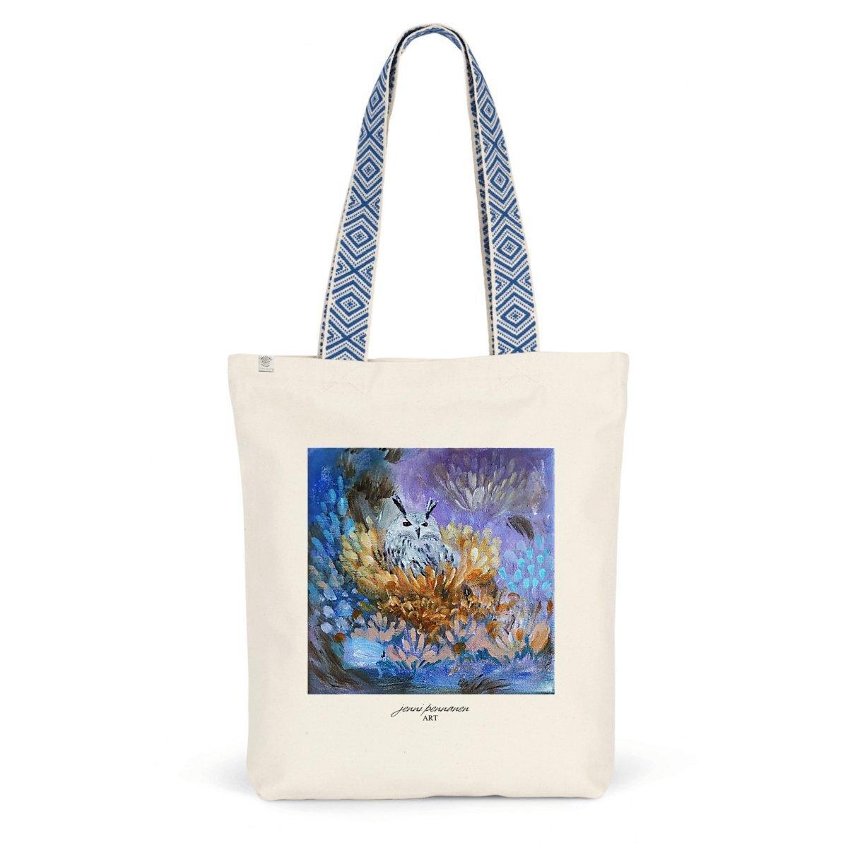 Painotuote-Ekologinen puuvillakassi Pöllö-taidepainatuksella - Jenni Pennanen Art
