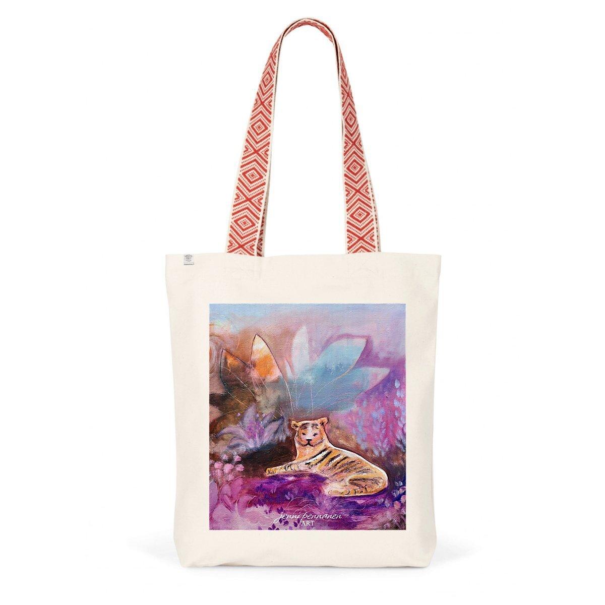 Premium Plus-Ekologinen puuvillakassi Tiikeri -taidepainatuksella - Jenni Pennanen Art