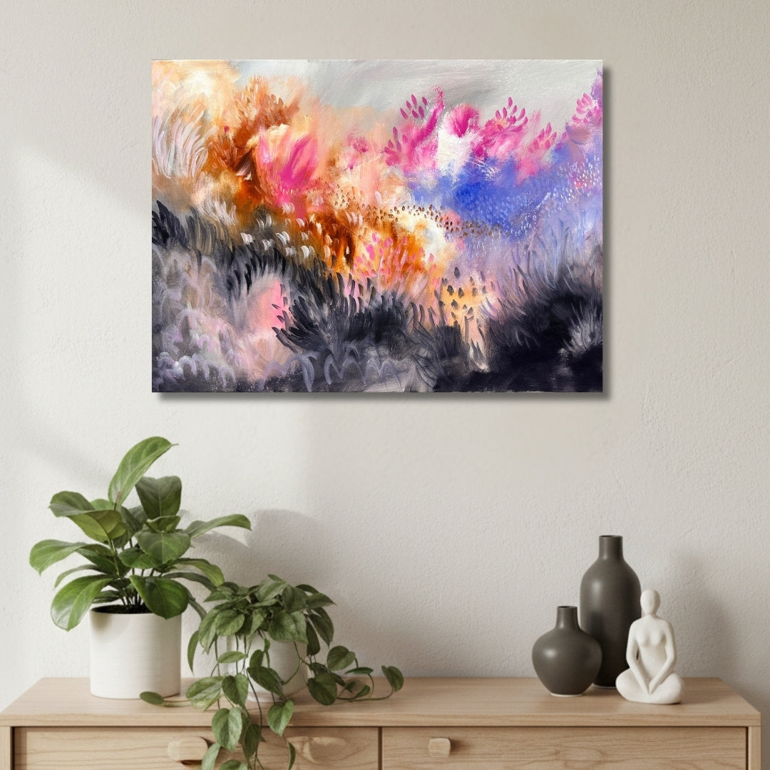 Lush Field – abstrakti alkuperäinen akryyli- ja öljymaalaus, 60 x 50 cm – Jenni Pennanen Art