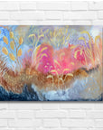 Joyous field -maalaus 60 x 50 cm olohuoneen seinällä, abstrakti niittyaihe, Jenni Pennanen Art