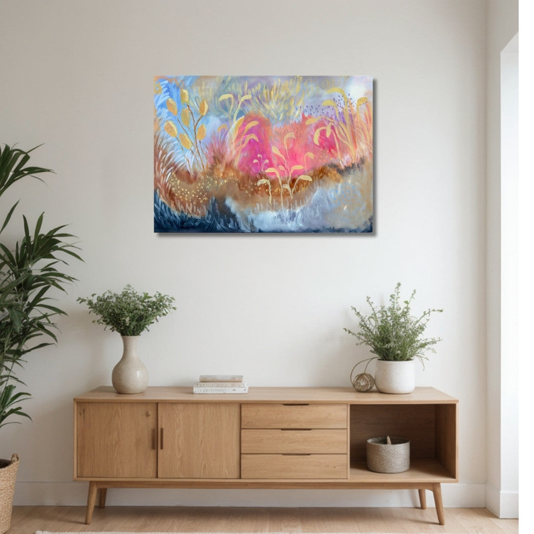 Lähikuva Joyous field -maalauksen yksityiskohdista ja väreistä, abstrakti maalaus 60 x 50 cm, Jenni Pennanen Art