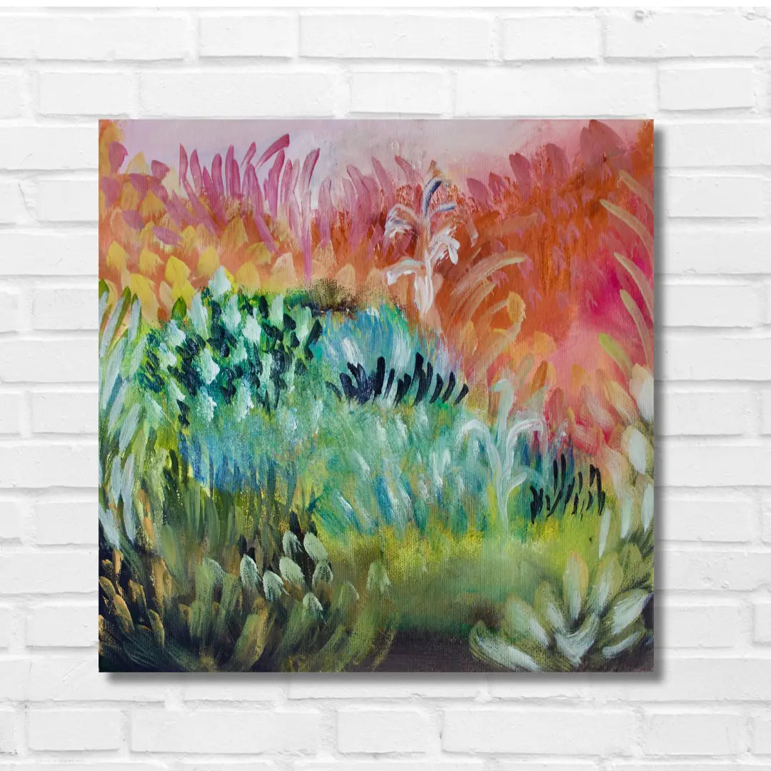 Candy Field – alkuperäinen abstrakti niittymaalaus, akryyli ja öljy canvakselle, 30 x 30 cm, Jenni Pennanen Art