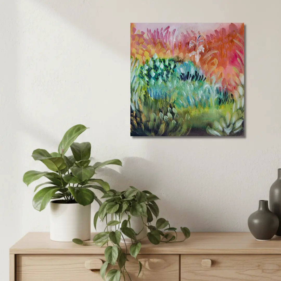 Candy Field -taidemaalaus, abstrakti niitty vihreän, keltaisen ja pinkin sävyissä, Jenni Pennanen Art