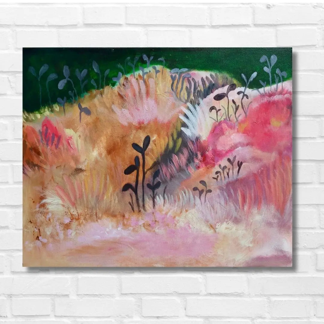 Rosy Field – alkuperäinen abstrakti niittymaalaus, akryyli ja öljy canvakselle, 72,5 x 59,5 cm, Jenni Pennanen Art