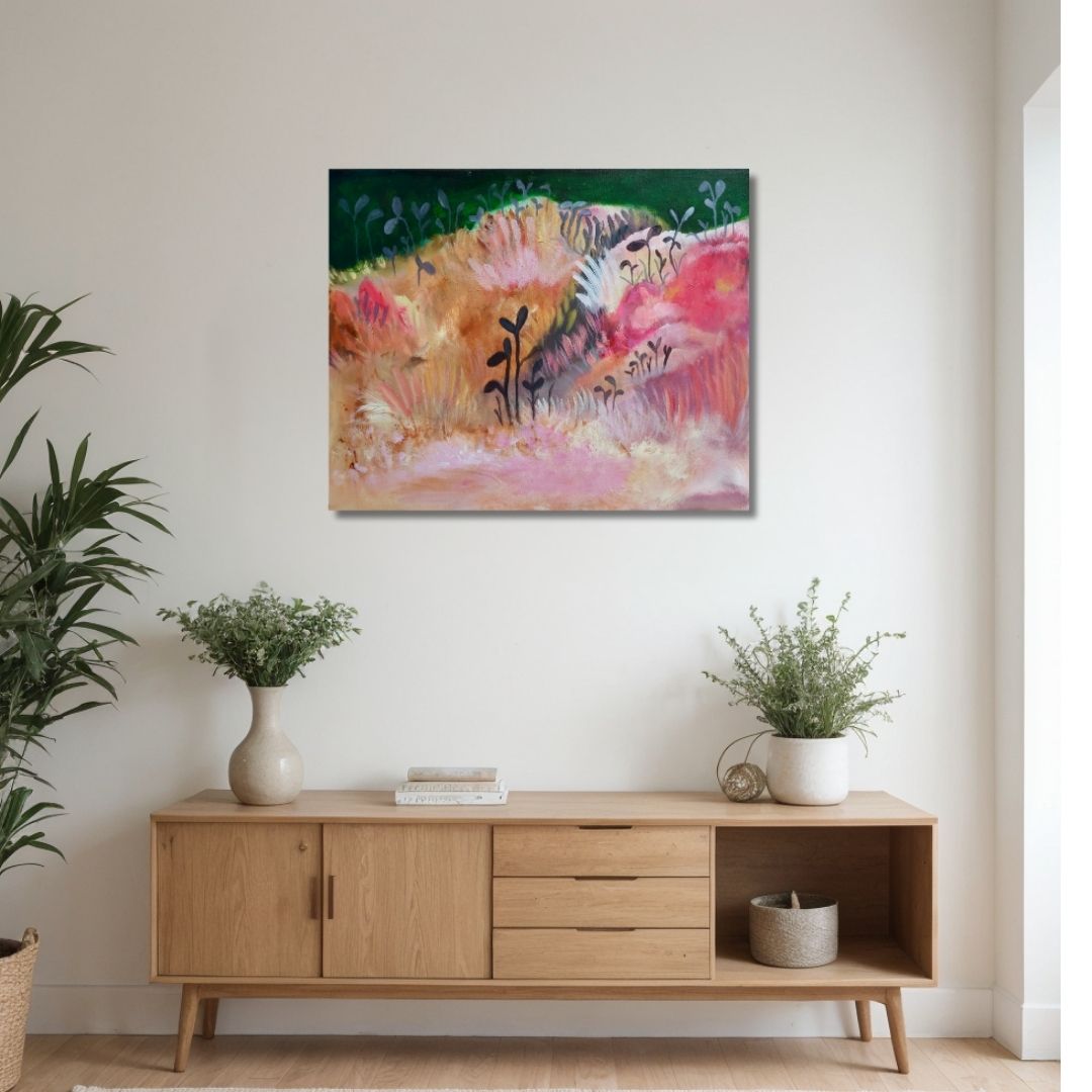 Rosy Field -taidemaalaus, abstrakti niitty iltahämärässä pinkin ja oranssin sävyissä, Jenni Pennanen Art