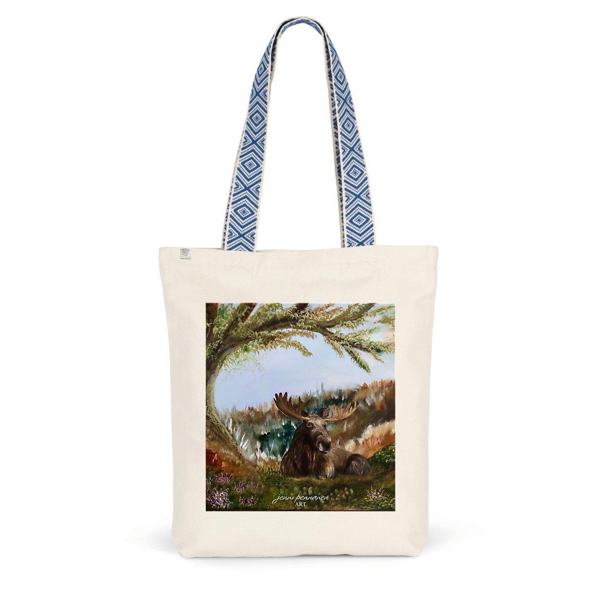 Premium Plus-Ekologinen puuvillakassi "Hirven päivät" -taidepainatuksella - Jenni Pennanen Art