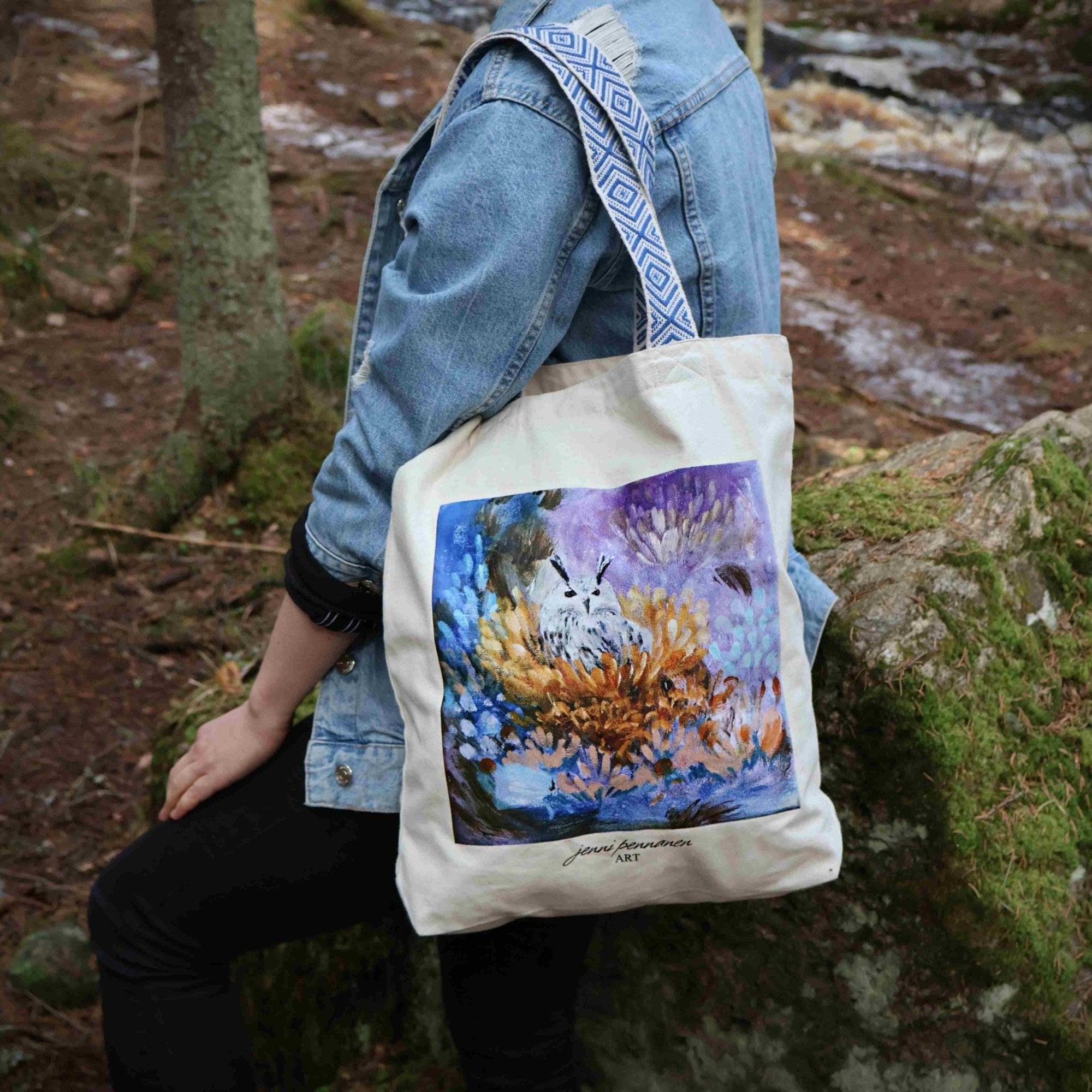 Painotuote-Ekologinen puuvillakassi Pöllö-taidepainatuksella - Jenni Pennanen Art