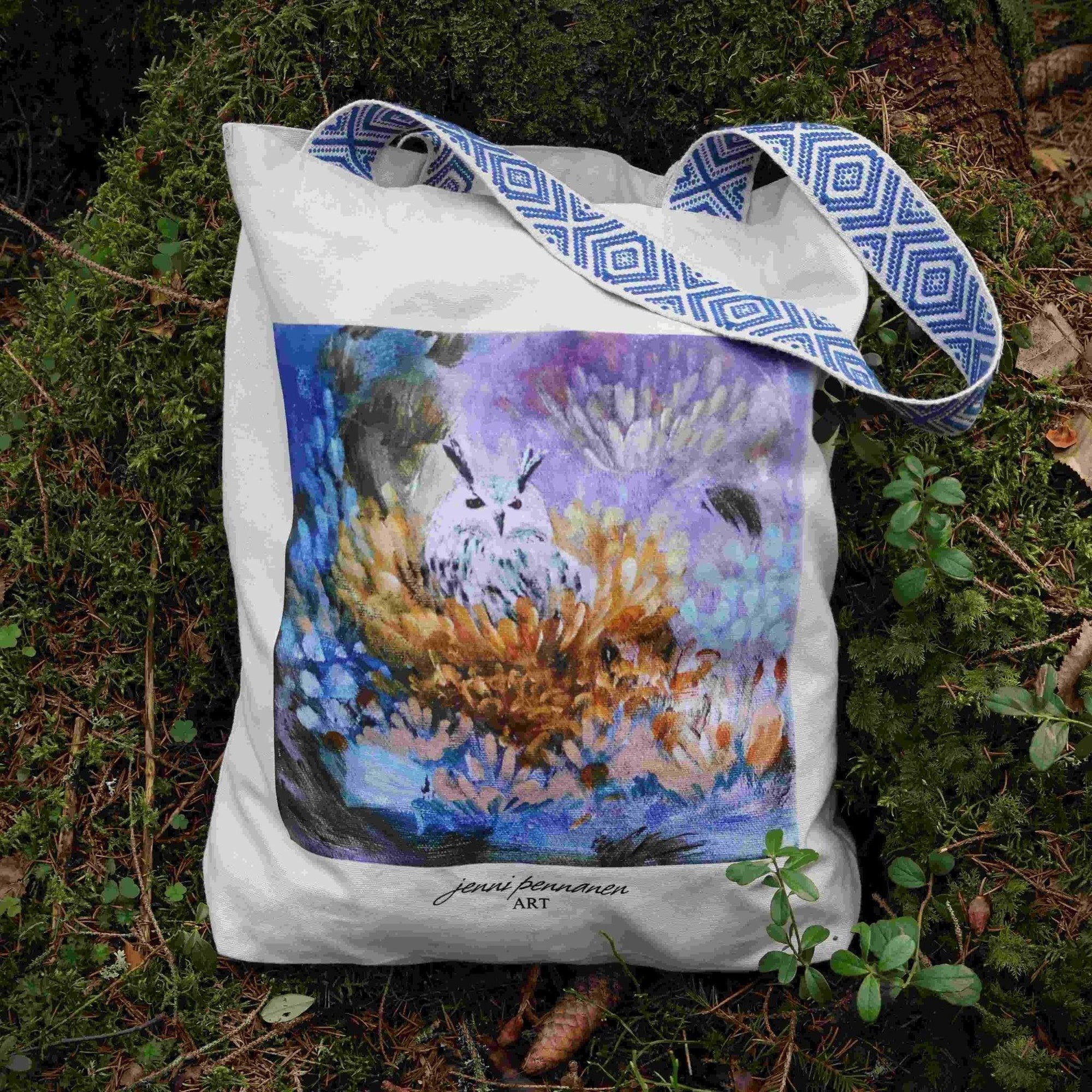 Painotuote-Ekologinen puuvillakassi Pöllö-taidepainatuksella - Jenni Pennanen Art