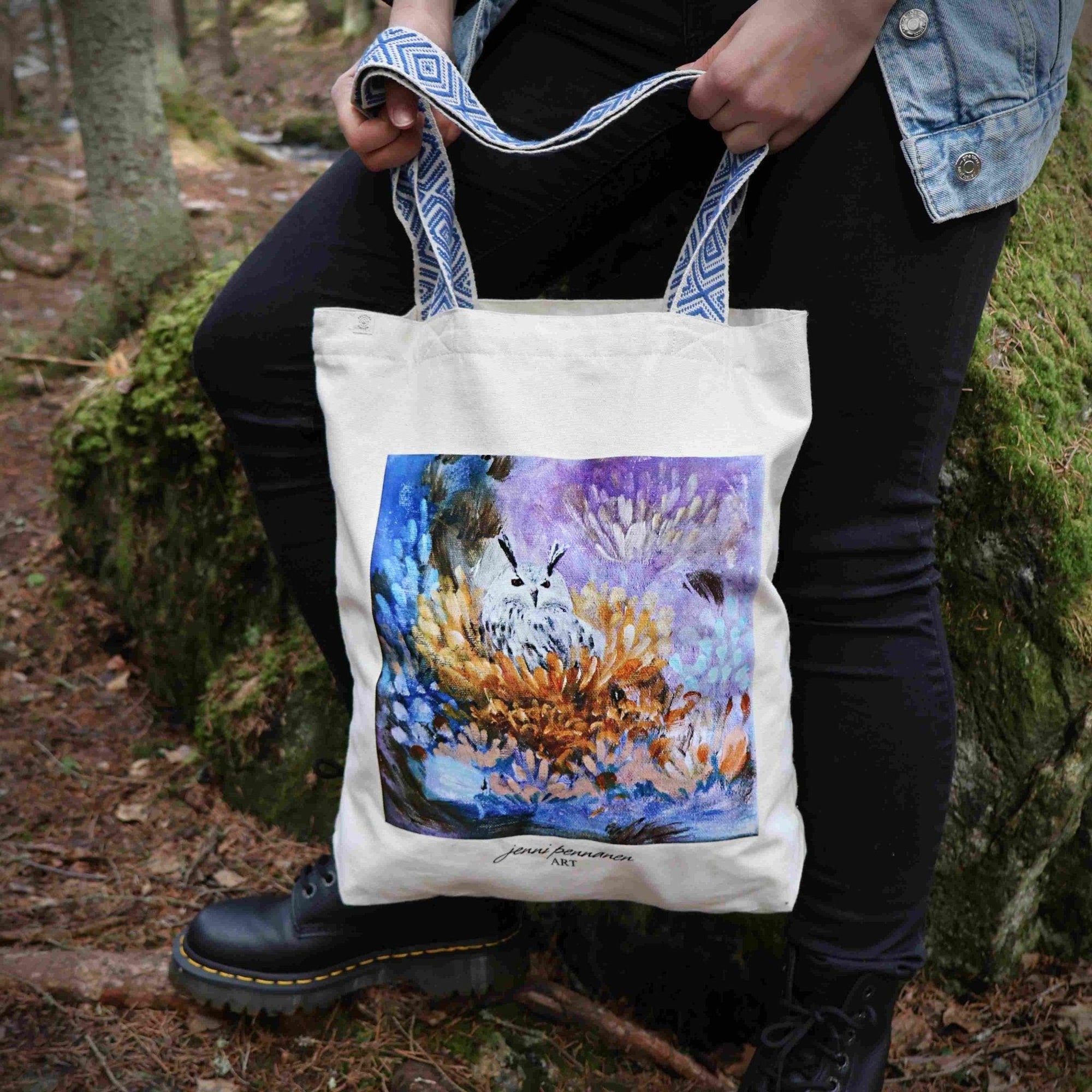 Painotuote-Ekologinen puuvillakassi Pöllö-taidepainatuksella - Jenni Pennanen Art