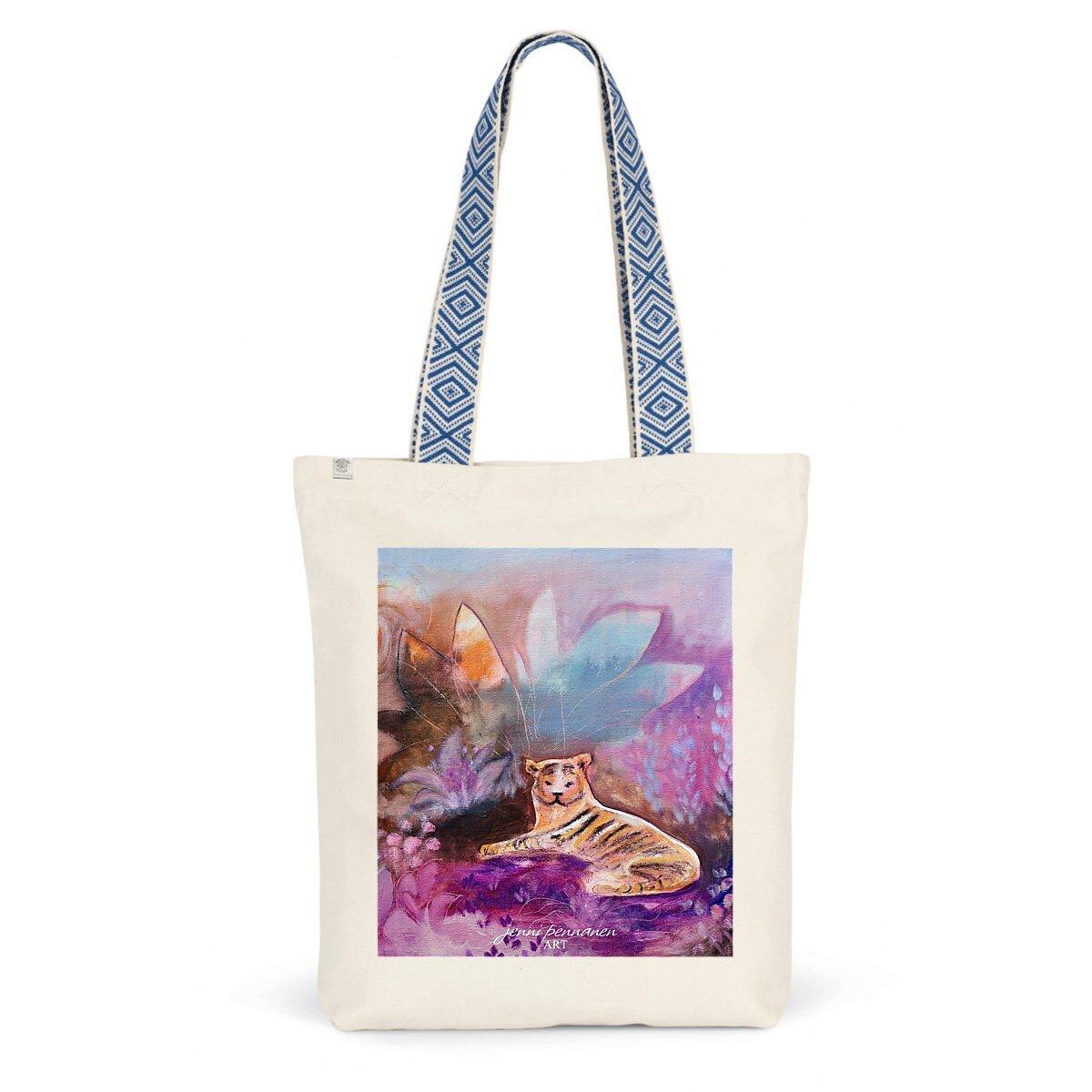 Premium Plus-Ekologinen puuvillakassi Tiikeri -taidepainatuksella - Jenni Pennanen Art