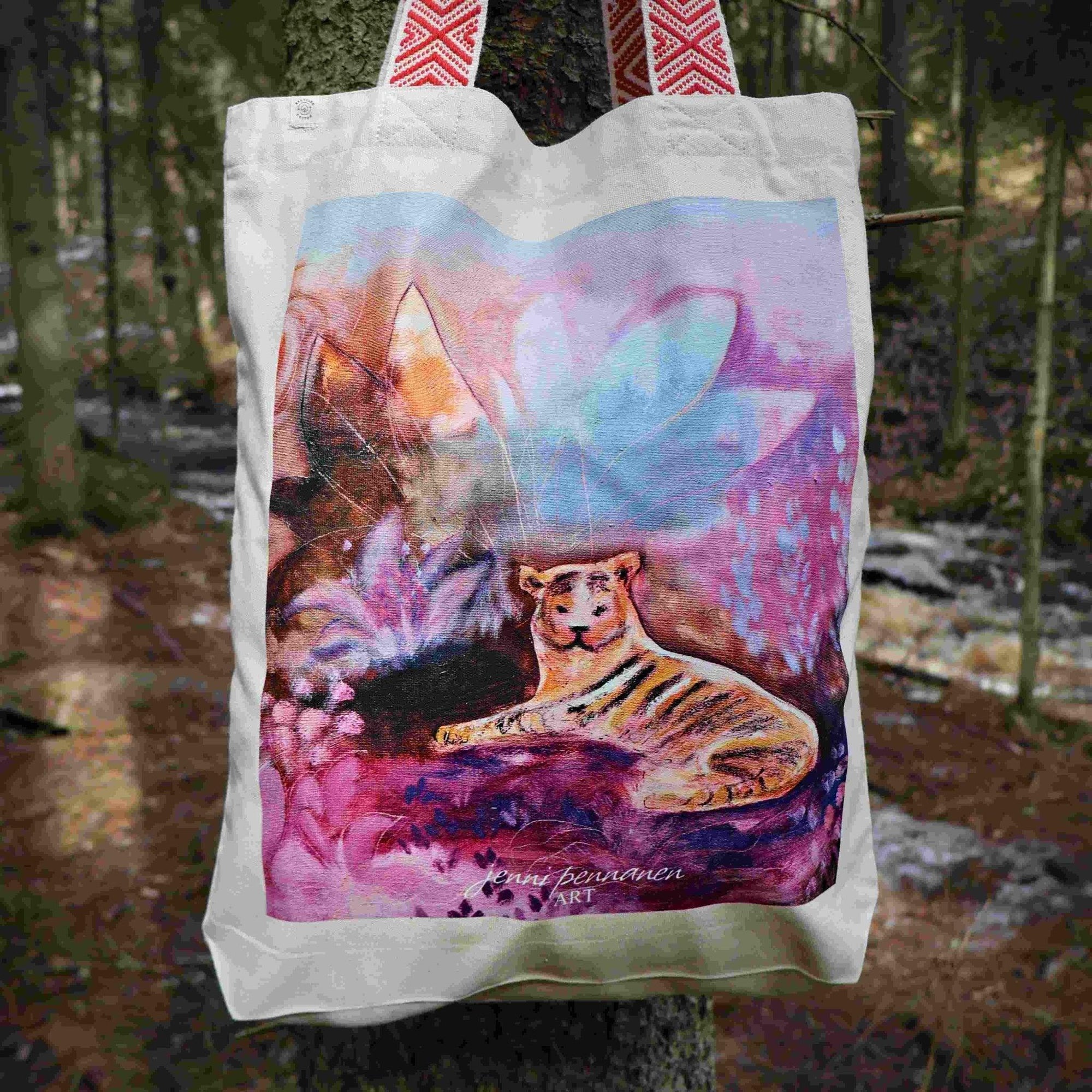 Premium Plus-Ekologinen puuvillakassi Tiikeri -taidepainatuksella - Jenni Pennanen Art