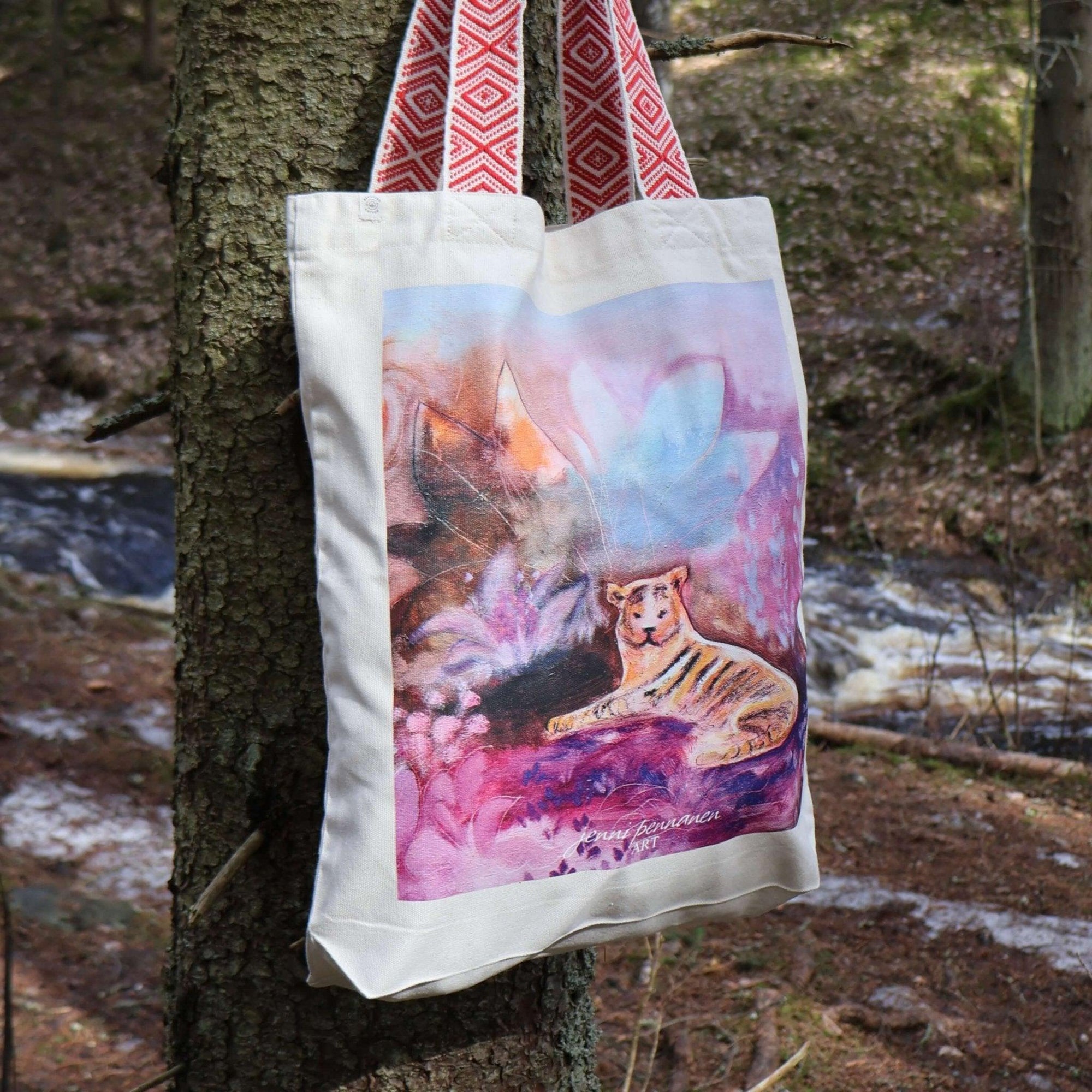 Premium Plus-Ekologinen puuvillakassi Tiikeri -taidepainatuksella - Jenni Pennanen Art