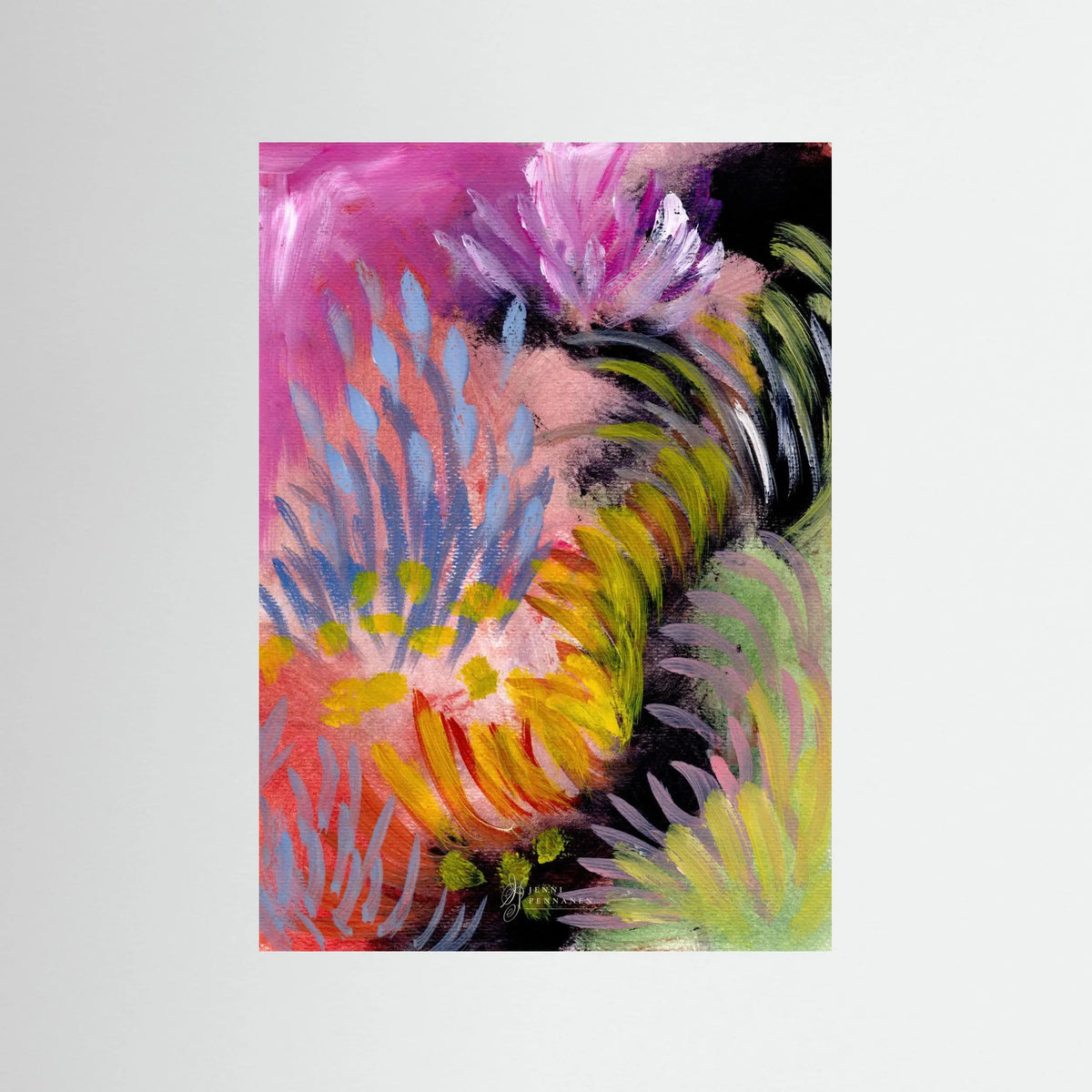 River Field – Fine Art -taidejuliste, abstrakti niittyaihe joenvarresta, Jenni Pennanen Art